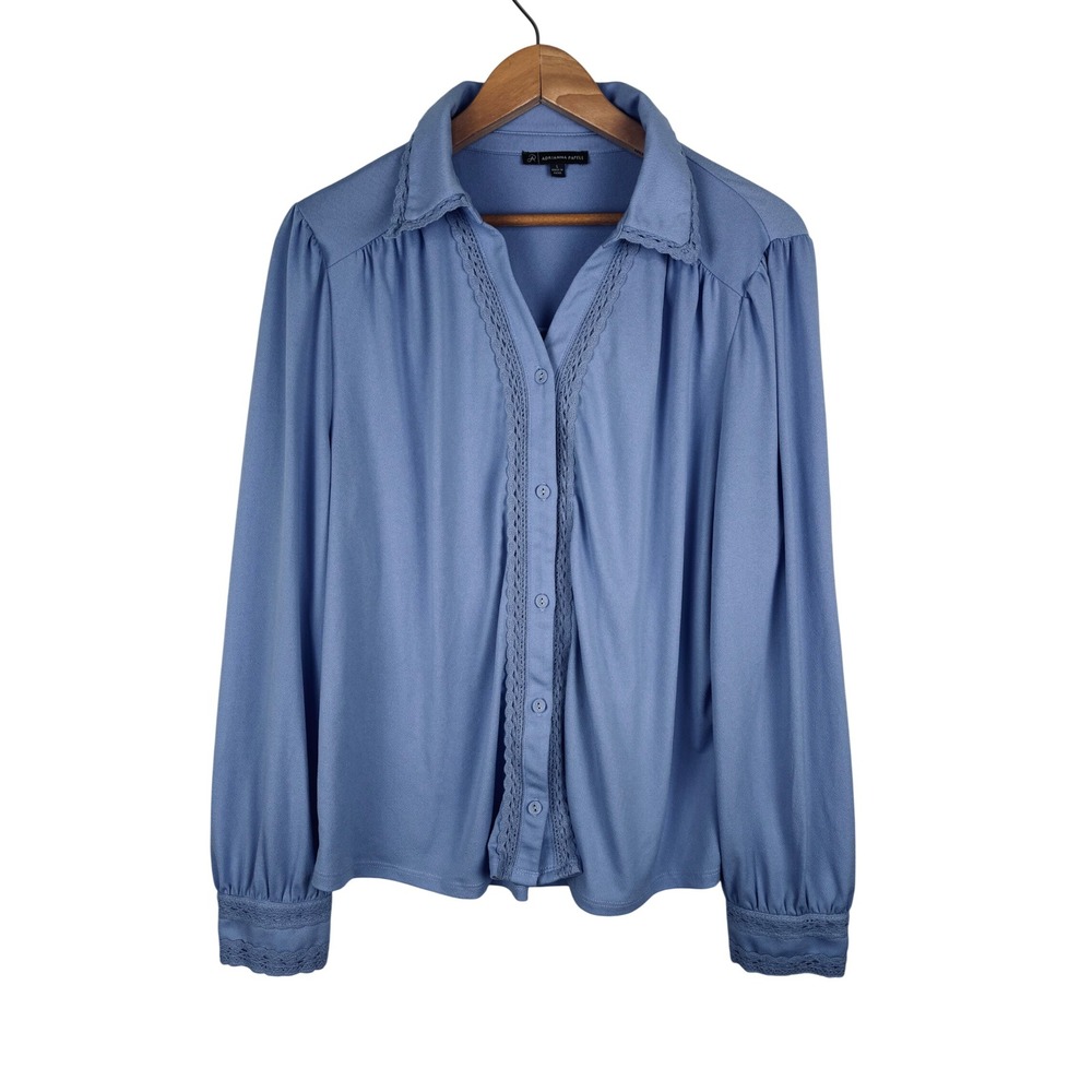 Adrianna Papell Blouse L Blue Lace Trim Button Long Sleeve Romantic Office